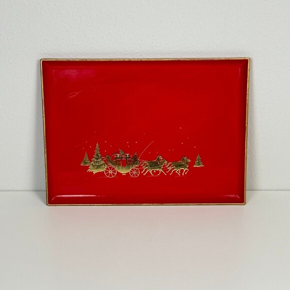 VTG Otagiri Japan Red Lacquerware Holiday Christmas Tray 80s - Picture 1 of 10